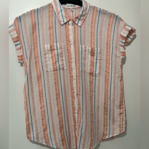 NWOT Wonderly Striped Button-Up Camp Shirt With Shirred Gauze Like Fabric